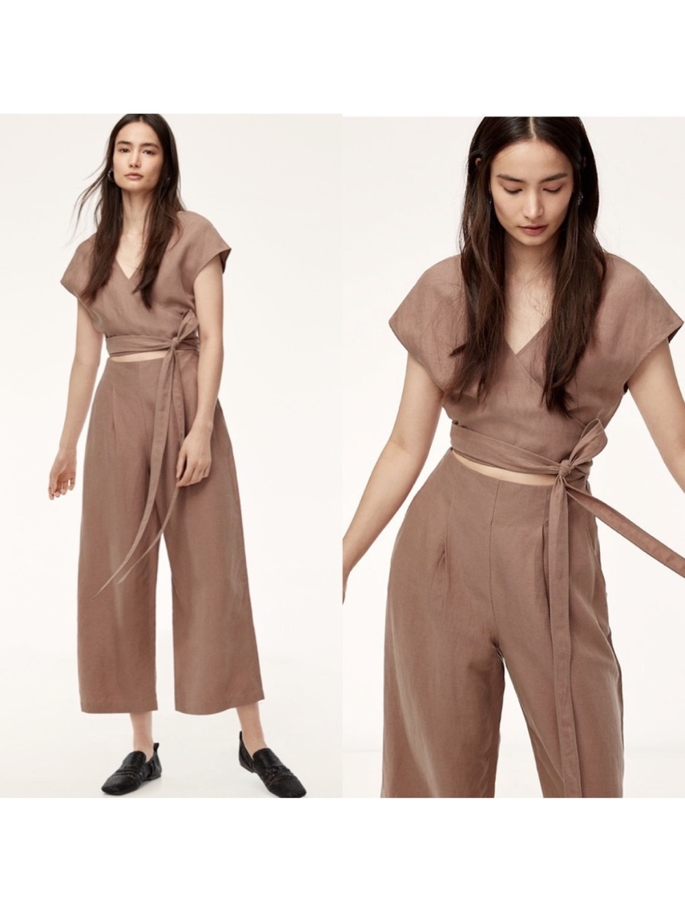 Aritzia Wilfred Brax Linen Nutmeg Brown Wrap Jumpsuit 8